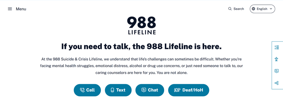 The top of the 988 Suicide and Crisis Lifeline website. A banner announces that text and chat services are available in Spanish. Below the 988 Lifeline logo, the heading reads If you need to talk, the 988 Lifeline is here, and four large buttons offer Call, Text, Chat, and Deaf slash Hard of Hearing.