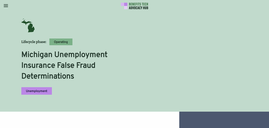 A case study page on the Michigan unemployment insurance false fraud determinations. It shows the case title and the opening of its account of the MiDAS system.