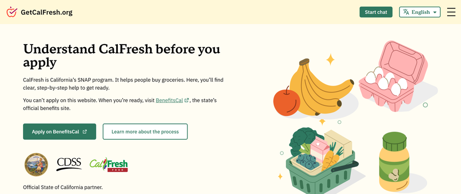The GetCalFresh homepage. It is headed CalFresh (SNAP) in California, with a plain-language explanation of what to expect when applying and a button to start an application.