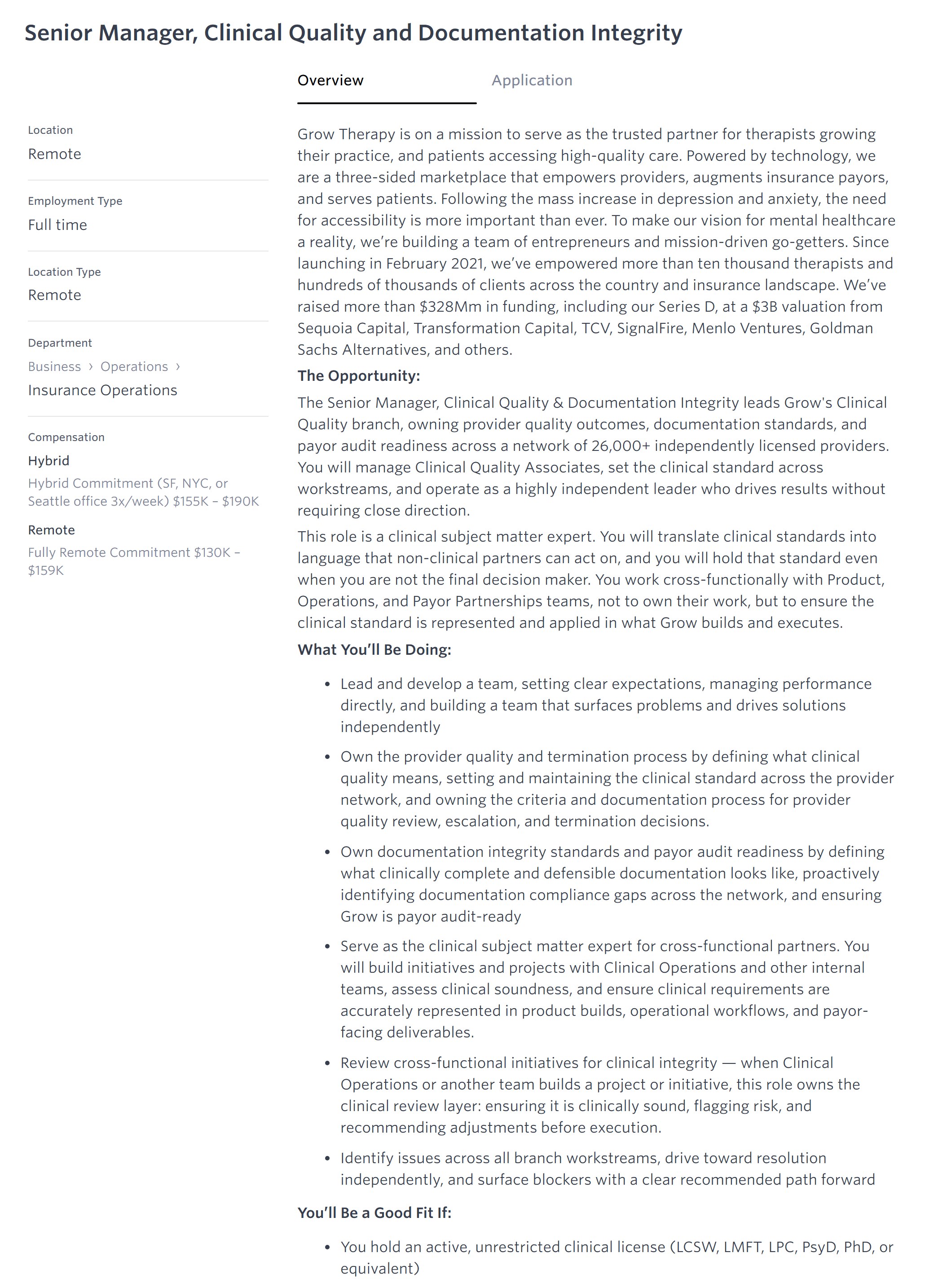 Screenshot of the Grow Therapy job posting for Senior Manager, Clinical Quality and Documentation Integrity, showing the role description and a requirement bullet listing LCSW among the accepted clinical licenses