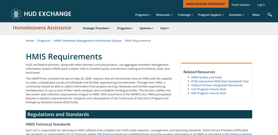 The HUD Exchange page headed HMIS Requirements. The text explains that HUD and federal partners use aggregate Homeless Management Information System data to inform homeless policy, and that the HEARTH Act of 2009 requires all communities to have an HMIS and made participation a statutory requirement for Continuum of Care and Emergency Solutions Grants recipients. A Related Resources panel links to HMIS guides, the data standards tool, and the two program interim rules.