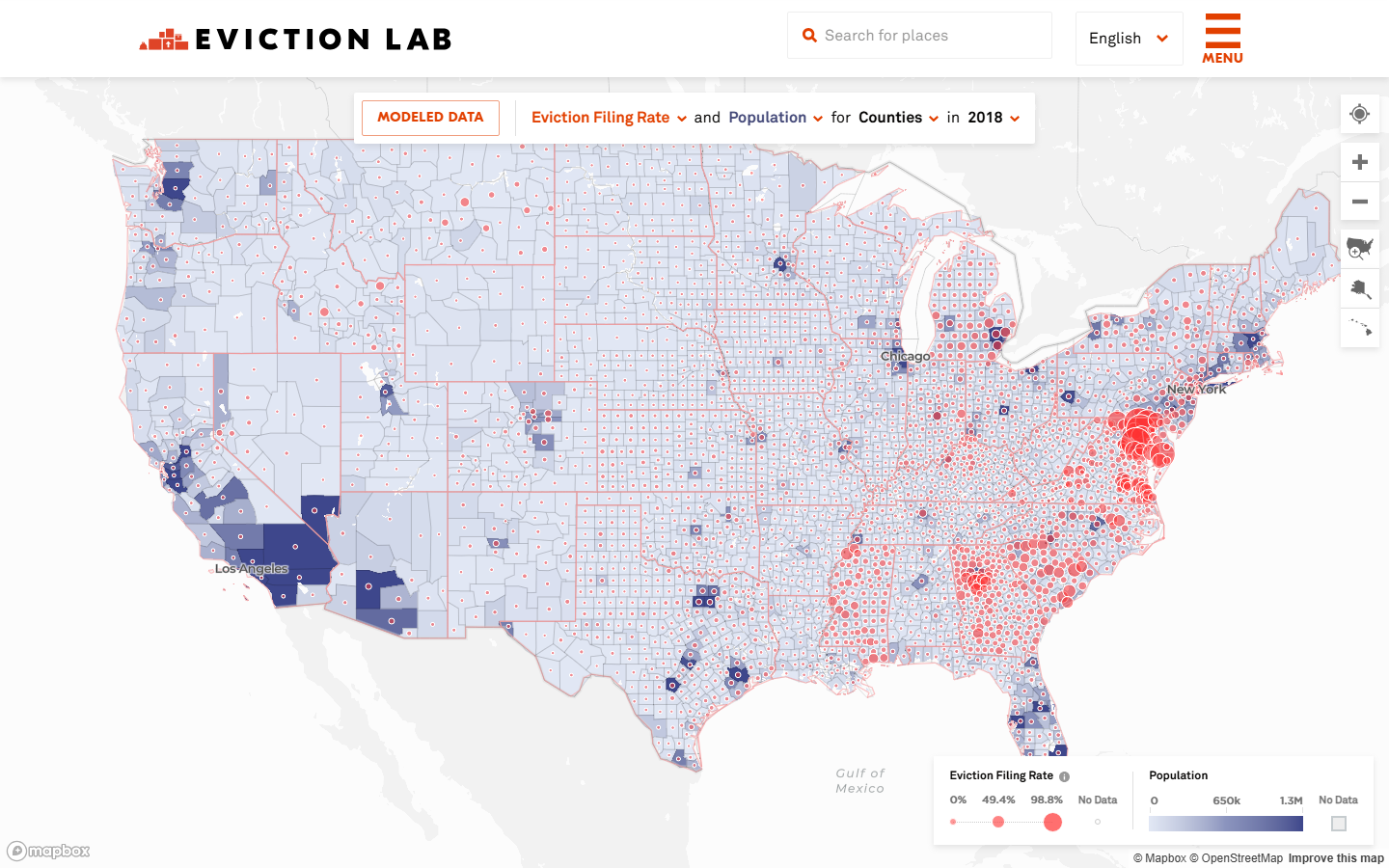 Screenshot of the Eviction Lab national eviction map, showing county-level eviction filing rates across the continental United States