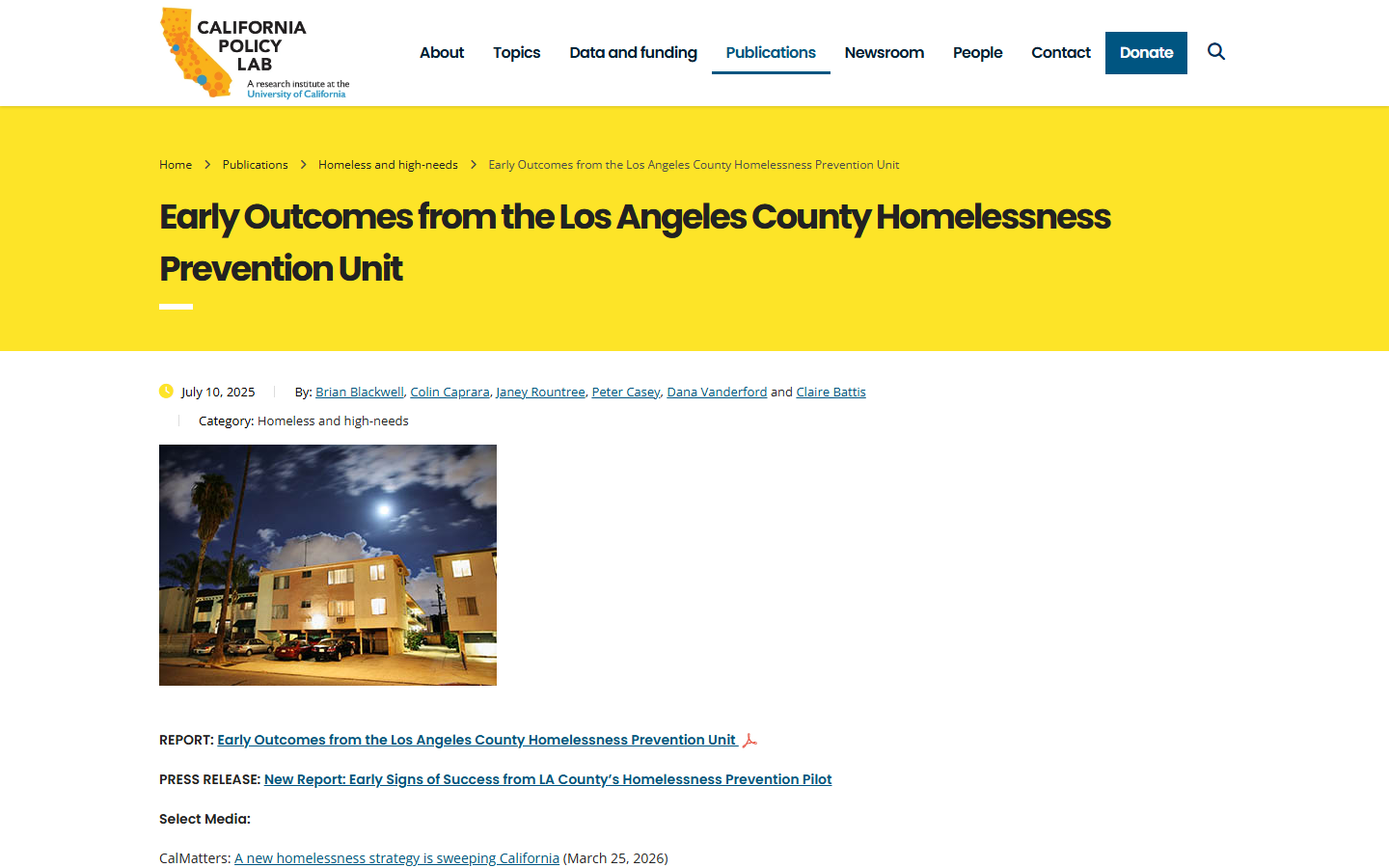 Screenshot of the California Policy Lab report page on the Los Angeles County Homelessness Prevention Unit