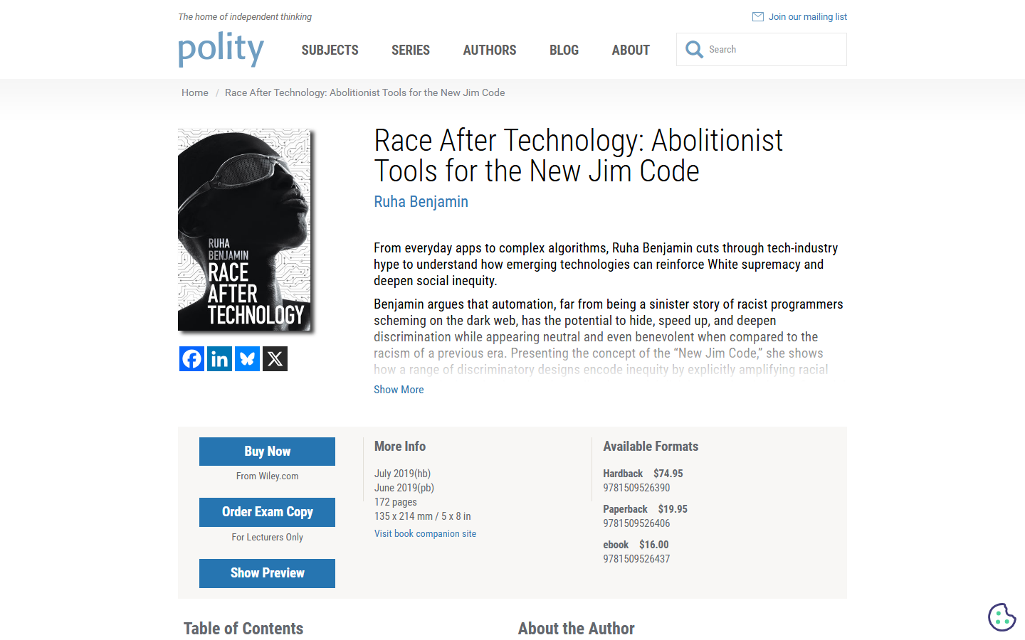 Screenshot of the Polity Books catalog page for Race After Technology by Ruha Benjamin