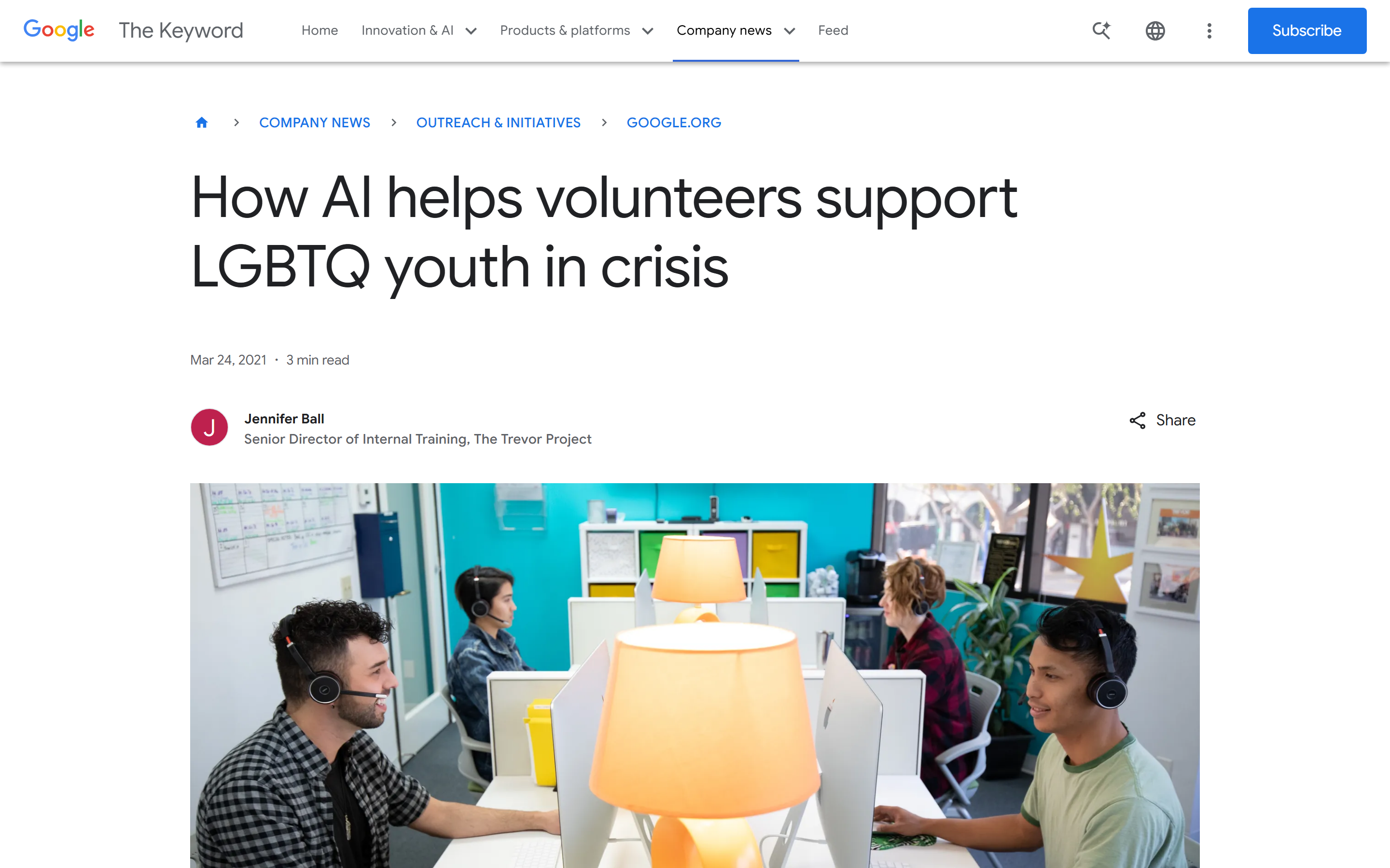Screenshot of Google's The Keyword blog post titled How AI helps volunteers support LGBTQ youth in crisis, announcing the Trevor Project's Crisis Contact Simulator