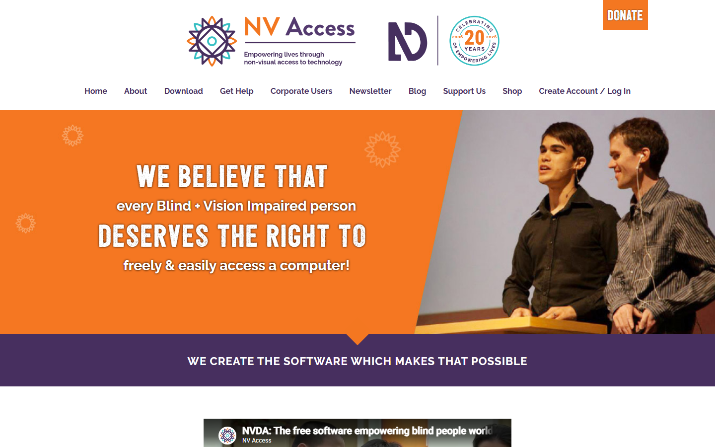 Screenshot of the NV Access homepage for the NVDA screen reader