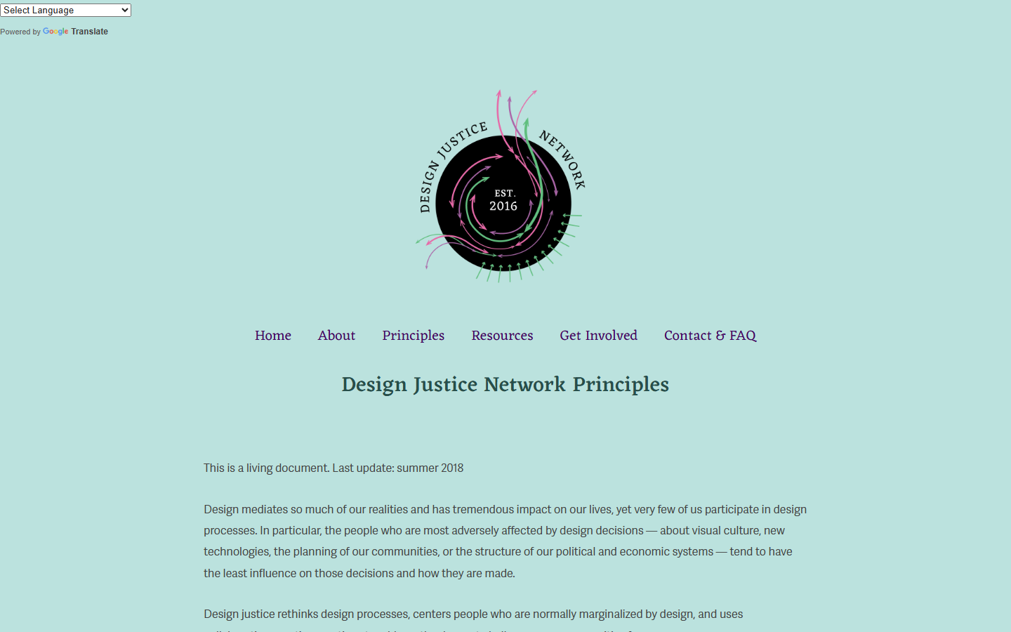 Screenshot of the Design Justice Network Principles page