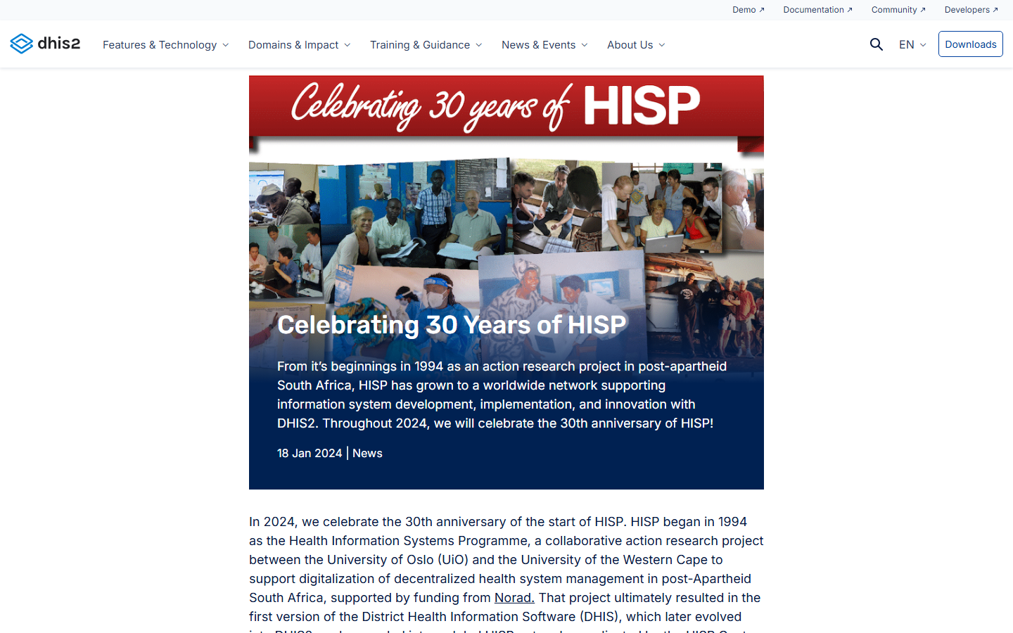 Screenshot of the DHIS2 website's 'Celebrating 30 Years of HISP' retrospective page