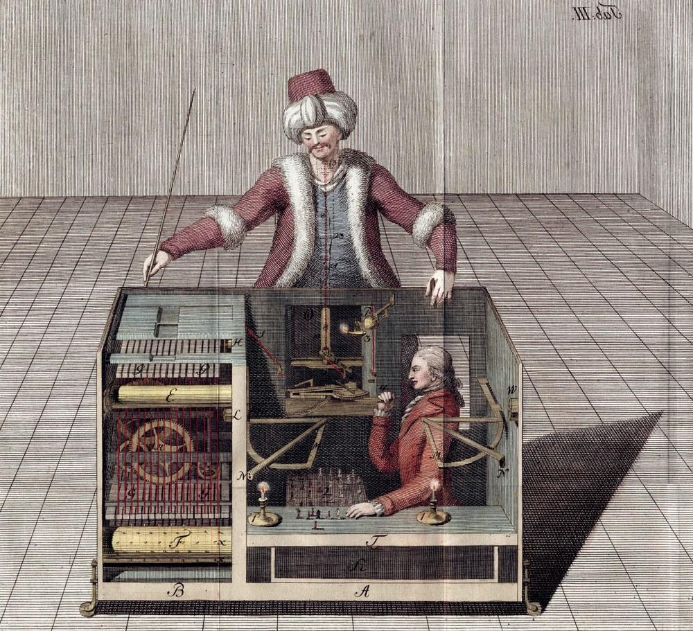 An eighteenth-century engraving of the Mechanical Turk chess automaton shown as a cutaway: a robed figure sits at a cabinet above, and a hidden human operator is seated inside the cabinet below, working the machinery