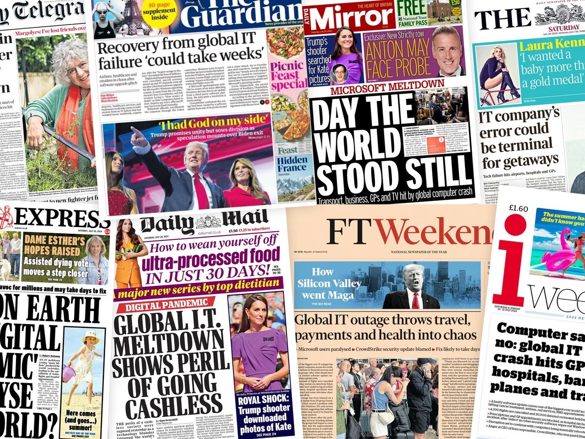 A montage of UK newspaper front pages covering the July 2024 CrowdStrike global IT outage with dramatic headlines